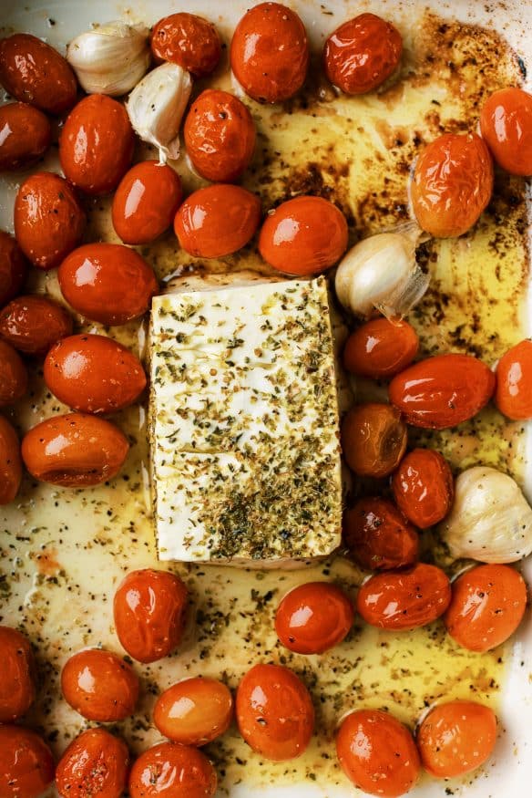 Feta cheese, tomatoes and garlic are baked, then mashed together to make this creamy sauce, then paste and fresh basil is added. 