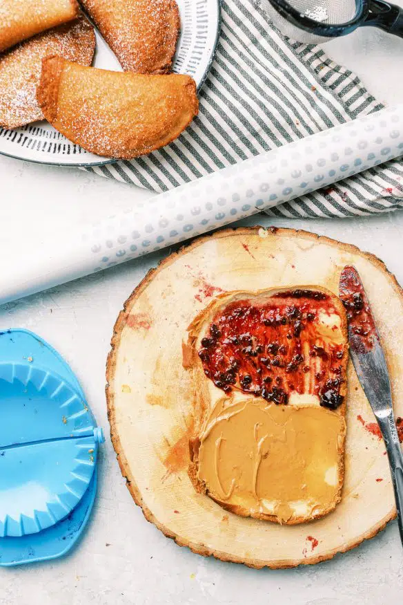 Fried peanut butter and jelly folded in half, then fried until crispy and golden brown. It's crispy sweet and savory - you need to try this!