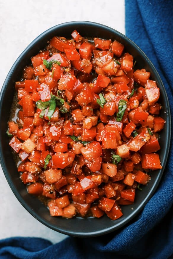 Bruschetta, is my favorite Italian appetizer. It goes great on a crusty bread, or can even be used as a topping for sandwiches, salads or chicken. 