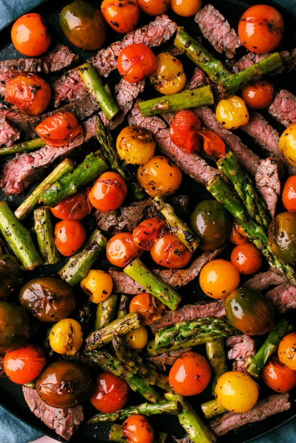 Balsamic steak with grilled tomatoes asparagus, marinated in an oil, balsamic vinegar and garlic dressing. Low carb and perfect keto dish! 