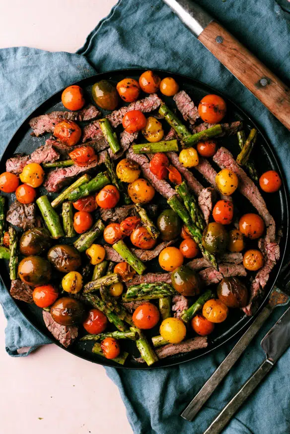 Balsamic steak with grilled tomatoes asparagus, marinated in an oil, balsamic vinegar and garlic dressing. Low carb and perfect keto dish! 