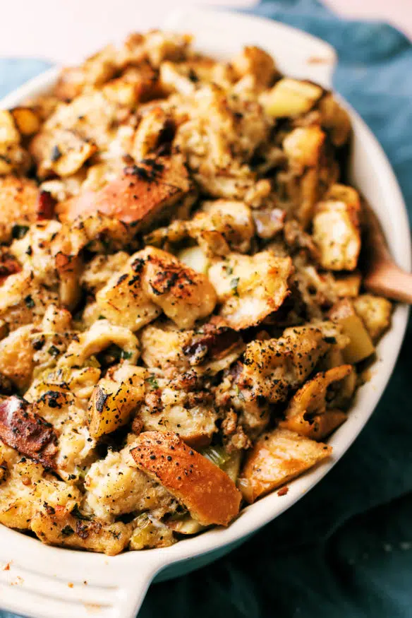 stuffing with real bread and bacon, italian sausage, sage, rosemary, thyme, a boat load of butter, and a some fresh pepper to give it a little kick