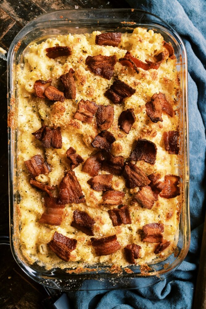 Delicious Smoked Gruyere Mac and Cheese recipe, enhanced with crispy bacon and rich, creamy sauce, perfect for holiday feasts.